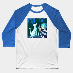 Blue Haired Girl Enjoys Tea and Tunes With Her Cat Friend Baseball T-Shirt